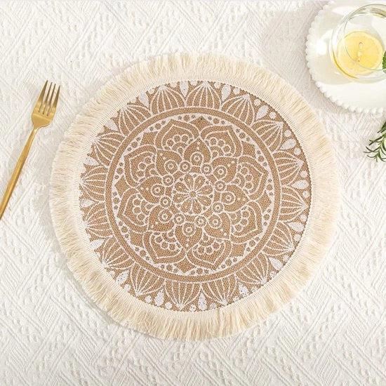 Set di tappeti di juta da tavola a mano vintage da 2 pezzi - 38 cm - Nero/Bianco - Mandala boho con punti di aghi da cucire