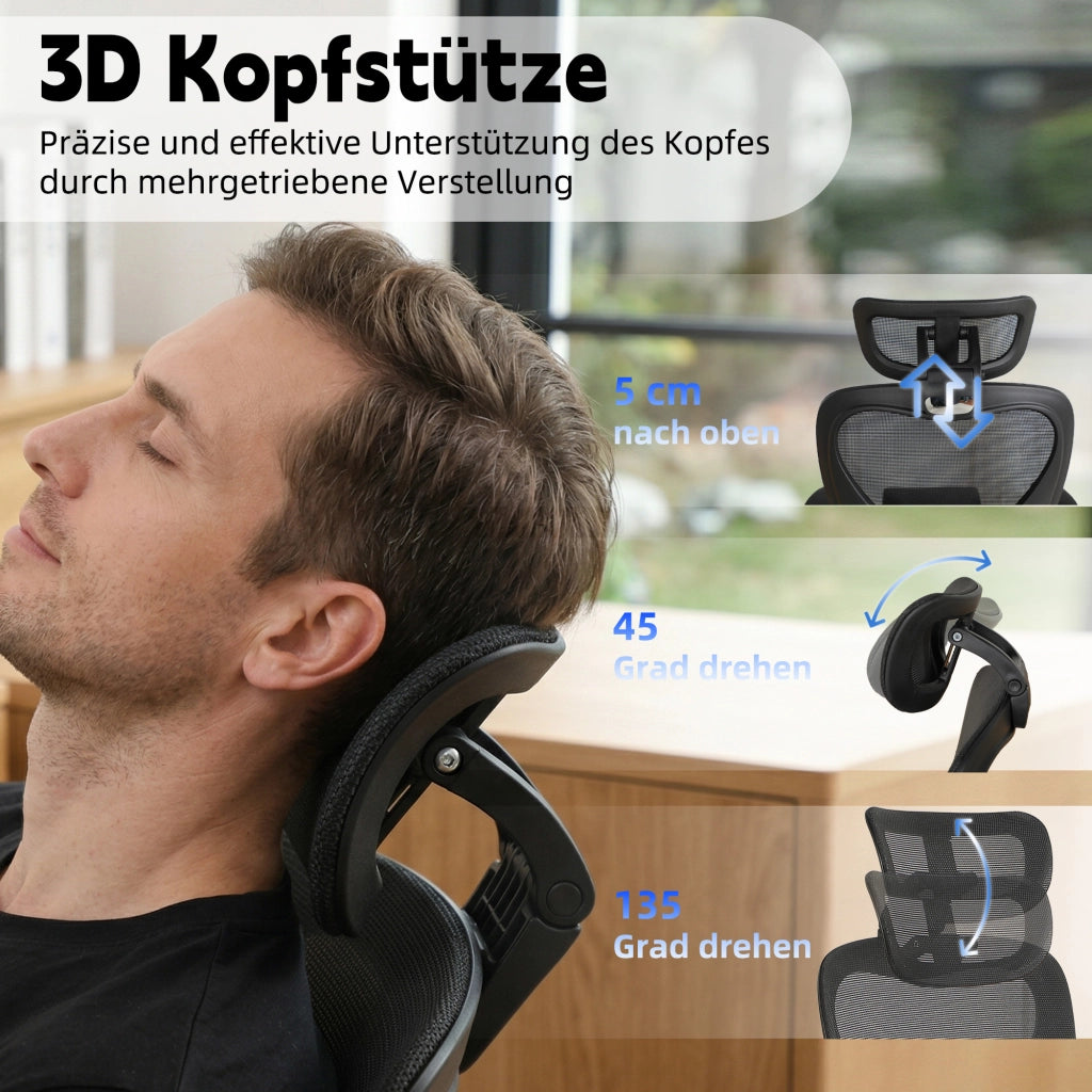 Chaise de bureau ergonomica pieghevole con supporto lombare e poggiatesta 3D in schiuma nera 65 × 61 × 40,5 cm