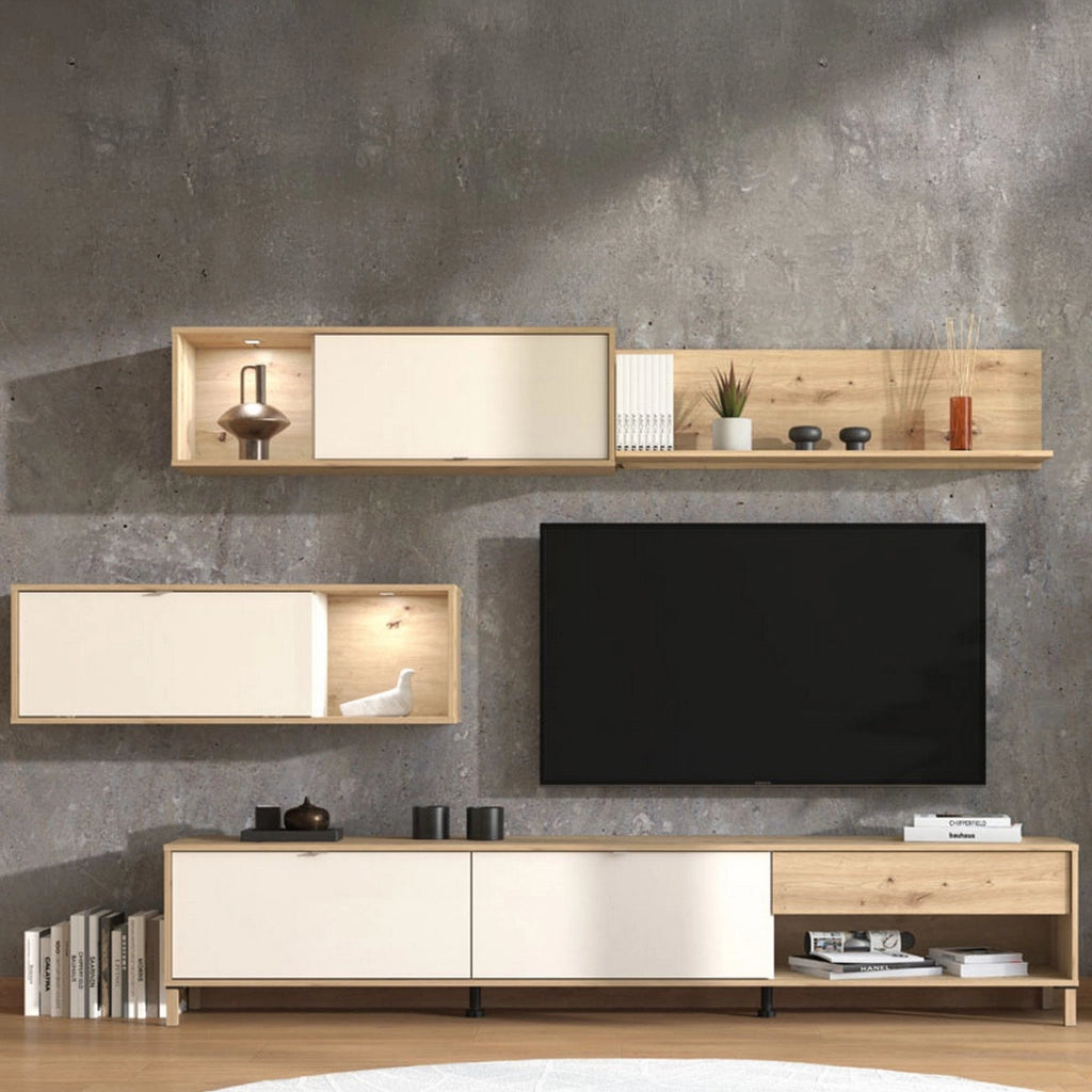Mobile Soggiorno Alunzio, Parete Attrezzata 5 Ripiani, 234x40x178h cm Bianco Crema