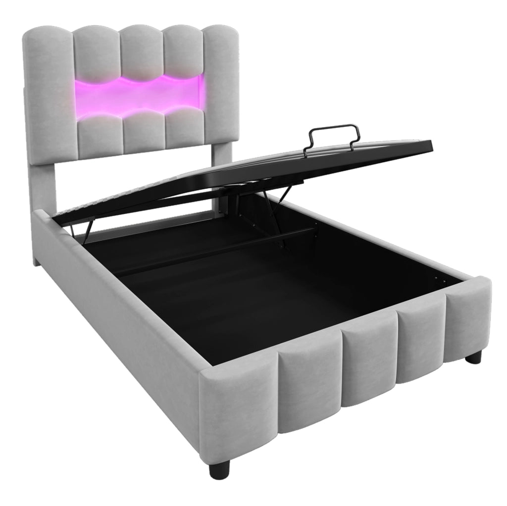 Letto imbottito 90x200 cm con contenitore idraulico; testiera regolabile; LED; velluto grigio
