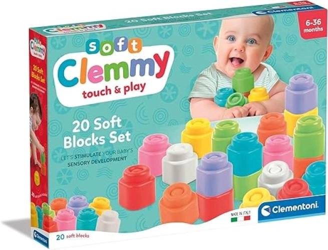Clemmy - Set 20 Mattoncini per Costruzioni,100% Igienici e Lavabili, per Sviluppare Manualita, Percezione Visiva e Fanta