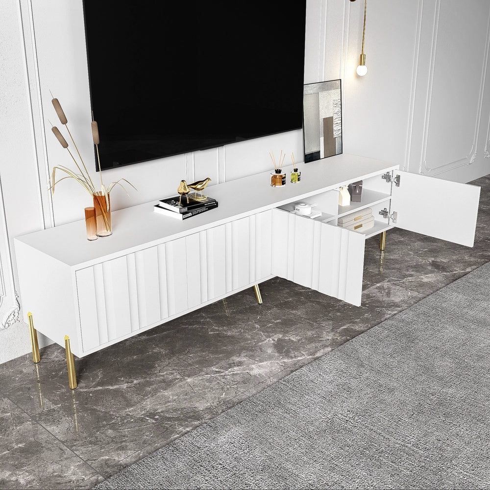 Meuble TV design de porte rainur?? - Xylo - 190x38x48 cm - Blanc - Pieds de table dor??s
