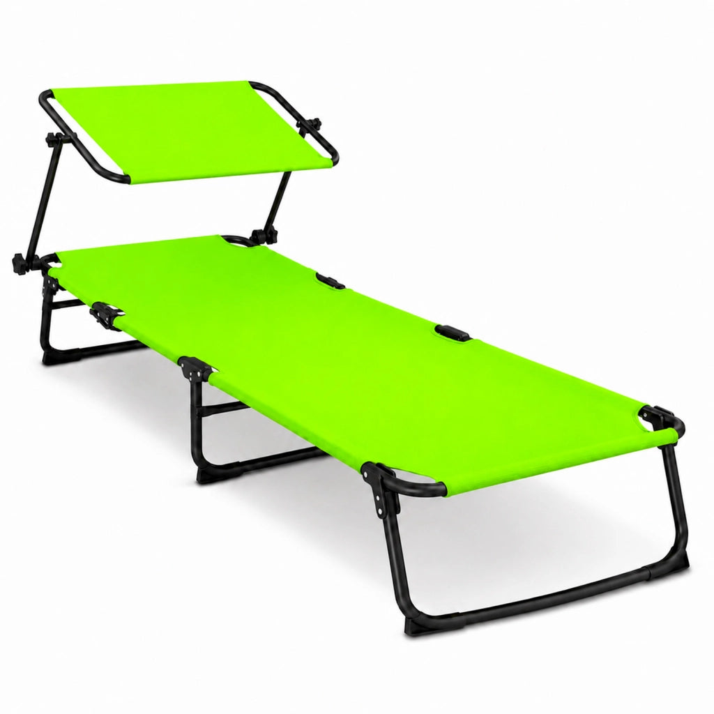 Lettino Prendisole Pieghevole Con Tettuccio Parasole Schienale Reclinabile Regolabile Telaio In Metallo Nero 187 x 53 x 24 Cm Verde Fluo