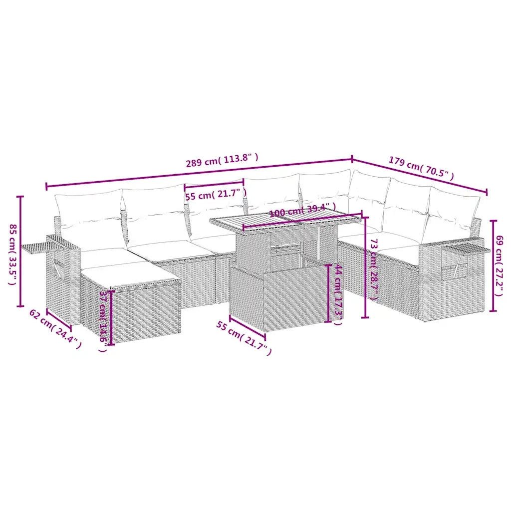 Set Divano da Giardino 9 pz con Cuscini Beige in Polyrattan