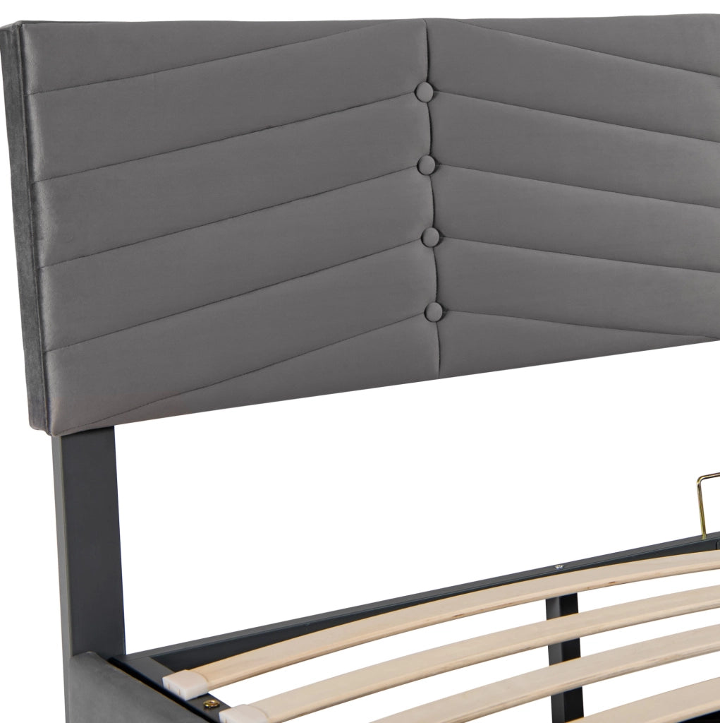 Letto matrimoniale 160x200 cm in velluto grigio con contenitore e testiera regolabile