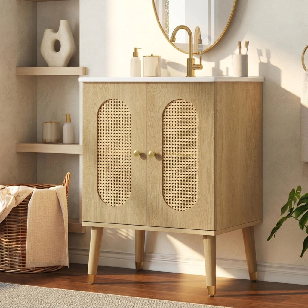 Mobile Sottolavabo 61x47x89 cm Effetto Legno con 2 Ante in Rattan e Ripiani Interni