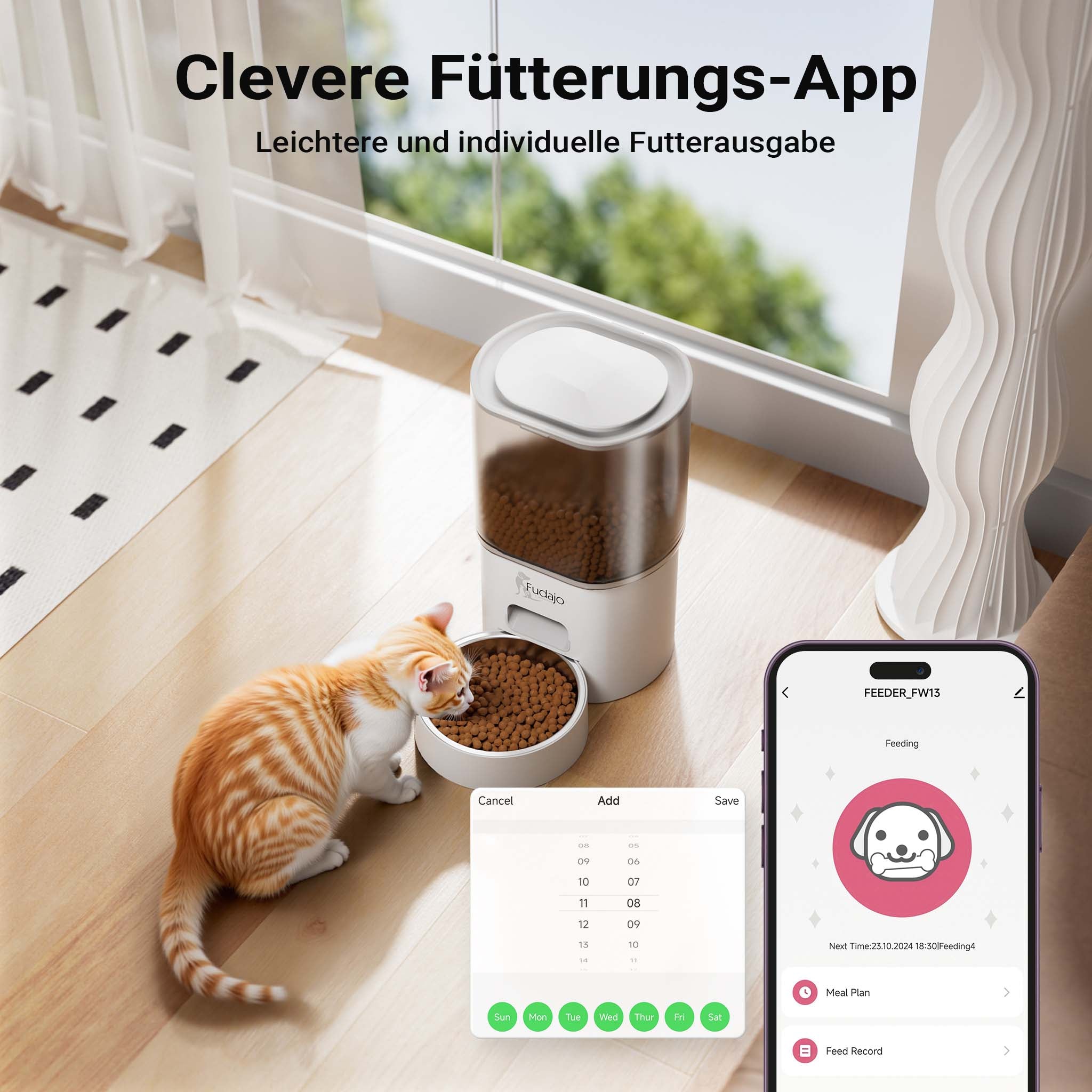 Fudajo Mangiatoia e abbeveratoio automatico per cani e gatti, distributore automatico di cibo da 3 litri e abbeveratoio da 2,5 litri, controllo mangime via app, colore bianco