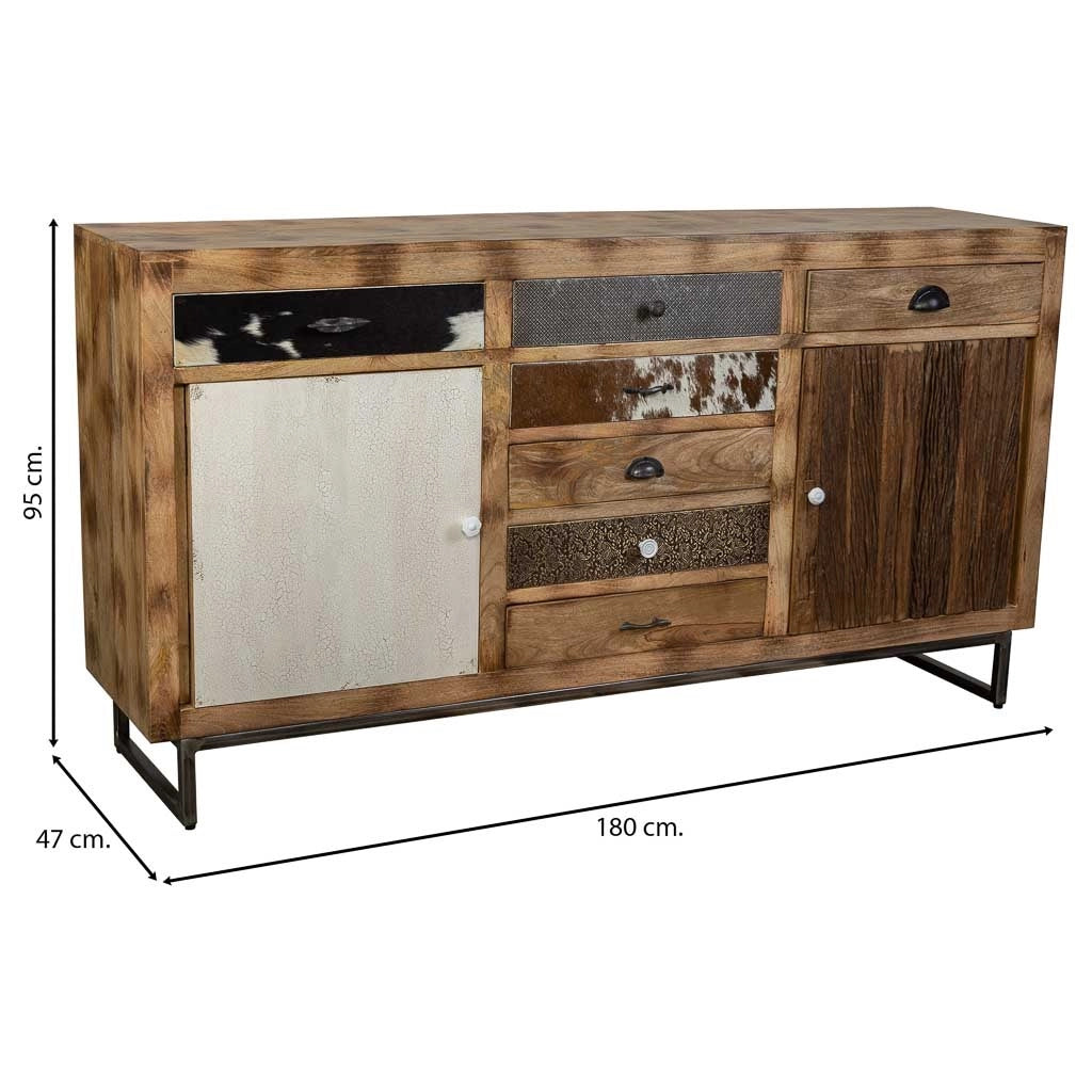 Credenza in legno e finiture in pelle marrone 180x47x95h