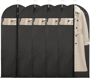 Borsa per abiti 5 pezzi con chiusura a cerniera per giacche e abiti lunghi. Borsa per abiti in tessuto nero con vetrina trasparente per giacche, abiti da sera e trench. Protegge l'abito da polvere e umidità. Soluzione di archiviazione ideale.