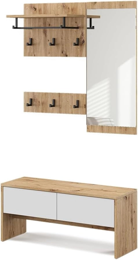 Armadio da ingresso Selena, Bianco/Artisan, 90 x 40 cm 4 parti, per montaggio a parete per un'organizzazione salvaspazio nell'ingresso