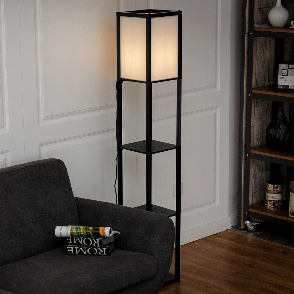 Scaffale legno con lampada per salone camera da letto studio, Lampada da terra con paralume e 3 mensole Nero