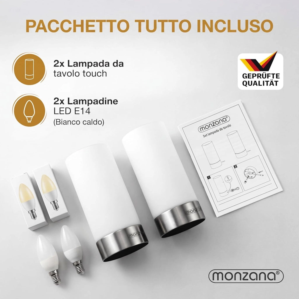 2x Lampade Comodino Touch Incl. Lampadine LED Dimmerabile E14 Luce Notturna Lettura Soggiorno Scrivania