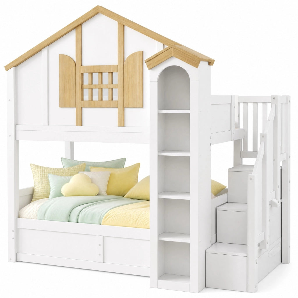 Letto a castello 90x200 cm in pino bianco con scala contenitore, LED e vano con sollevamento idraulico