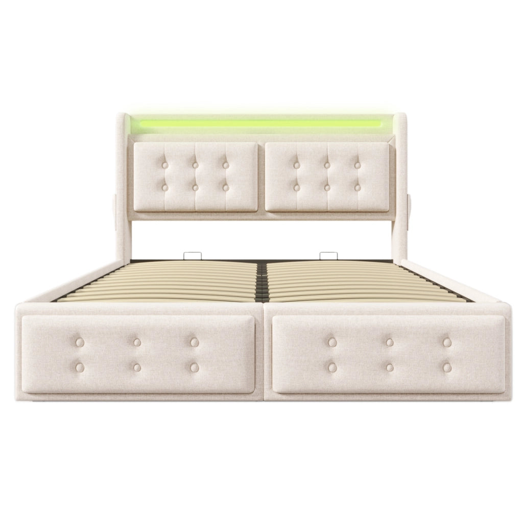 Letto contenitore 140x200 beige con LED, prese USB-C e rete a doghe
