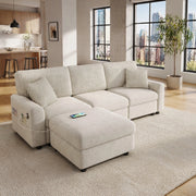 Desviae Divano dritto con 1 porta USB 1 porta Type-C 2 cuscini e pouf in chenille e velluto a coste beige
