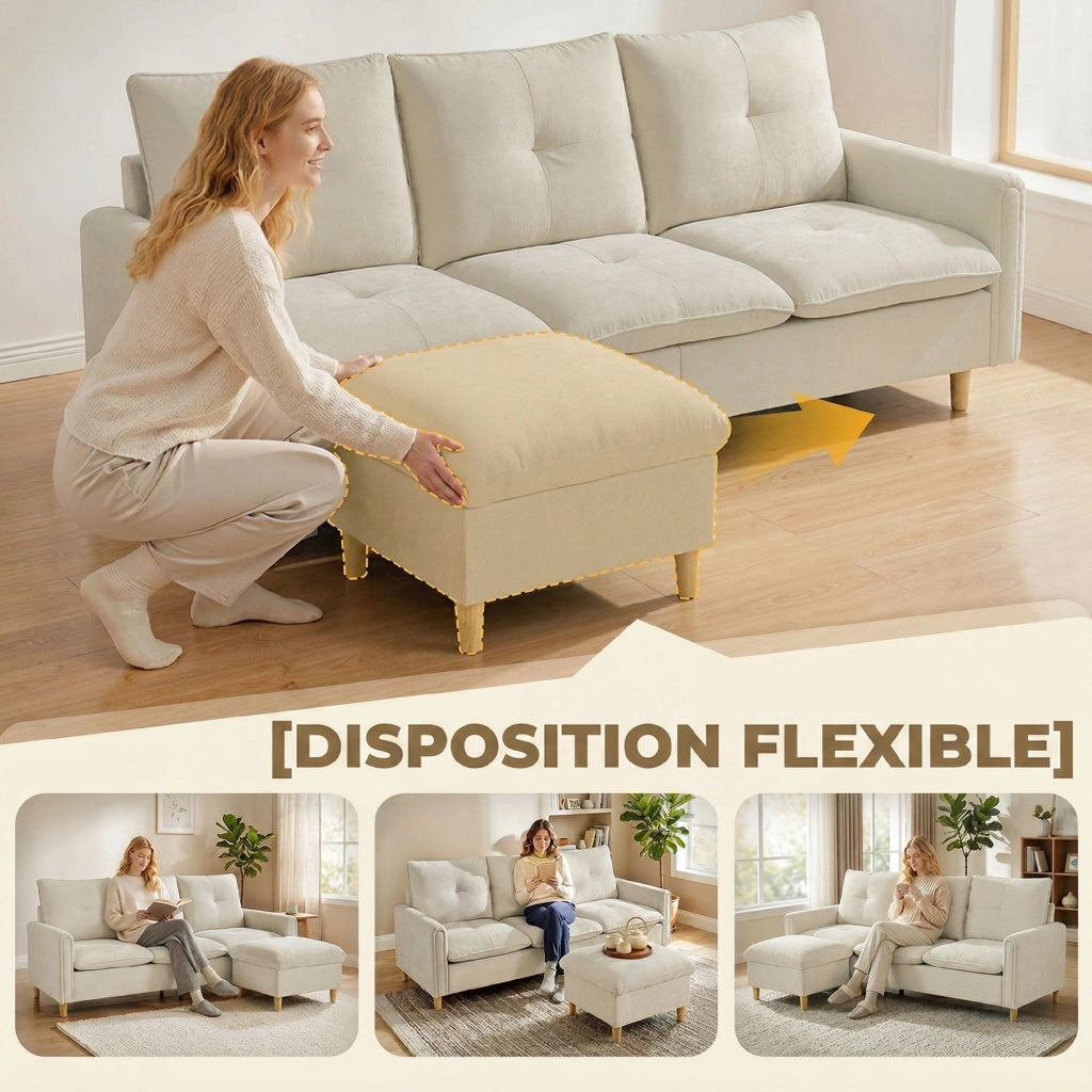 Divano Angolare 3 Posti con Poggiapiedi Contenitore ¨C Zephmum ¨C Tessuto Antimacchia Crema 210x