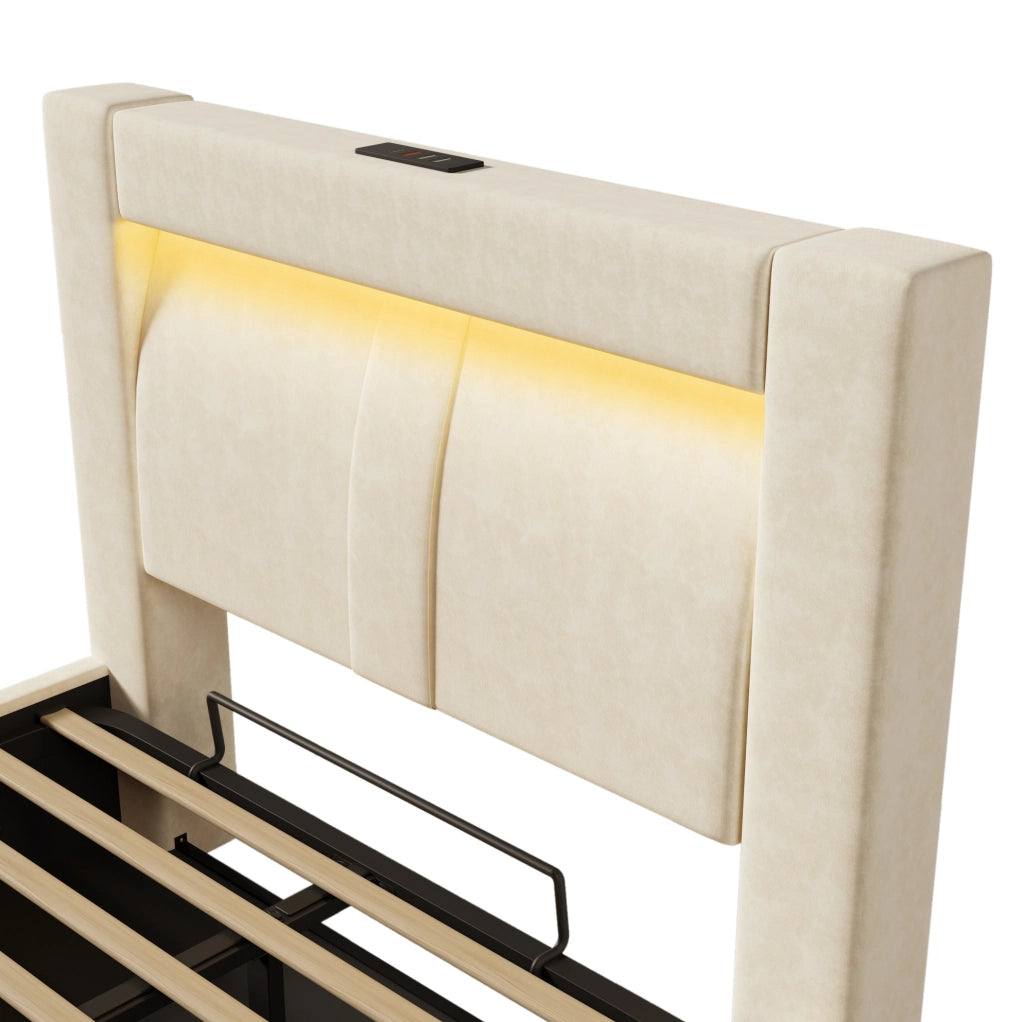 Letto contenitore 90x200 cm con LED; porte USB e USB C; velluto beige; senza materasso