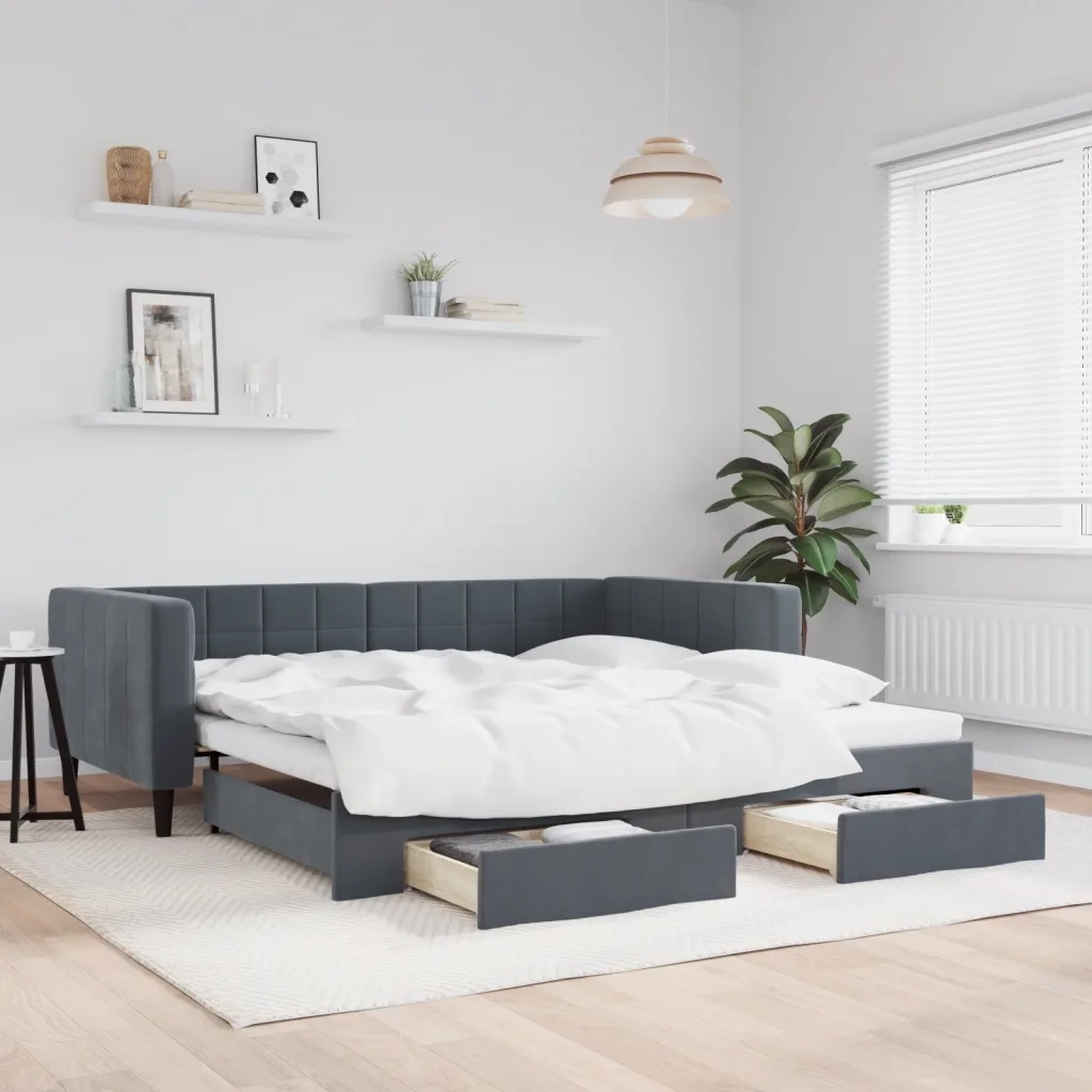 Divano Letto Estraibile Cassetti-Sofa Letto-Daybed Grigio Scuro 100x200cm Velluto 958370
