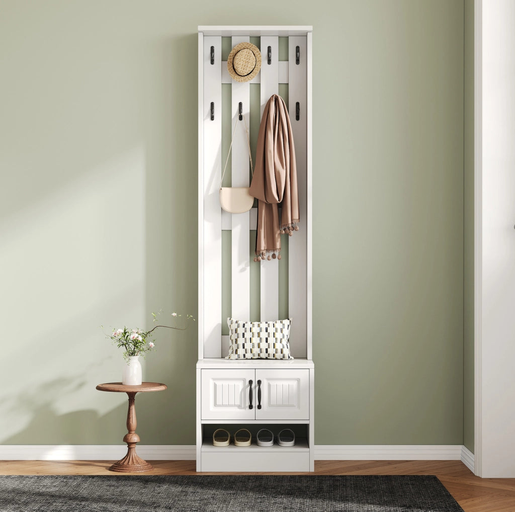 Mobile ingresso portascarpe con seduta e 2 ante; in truciolare bianco; 50 x 36 x 190 cm