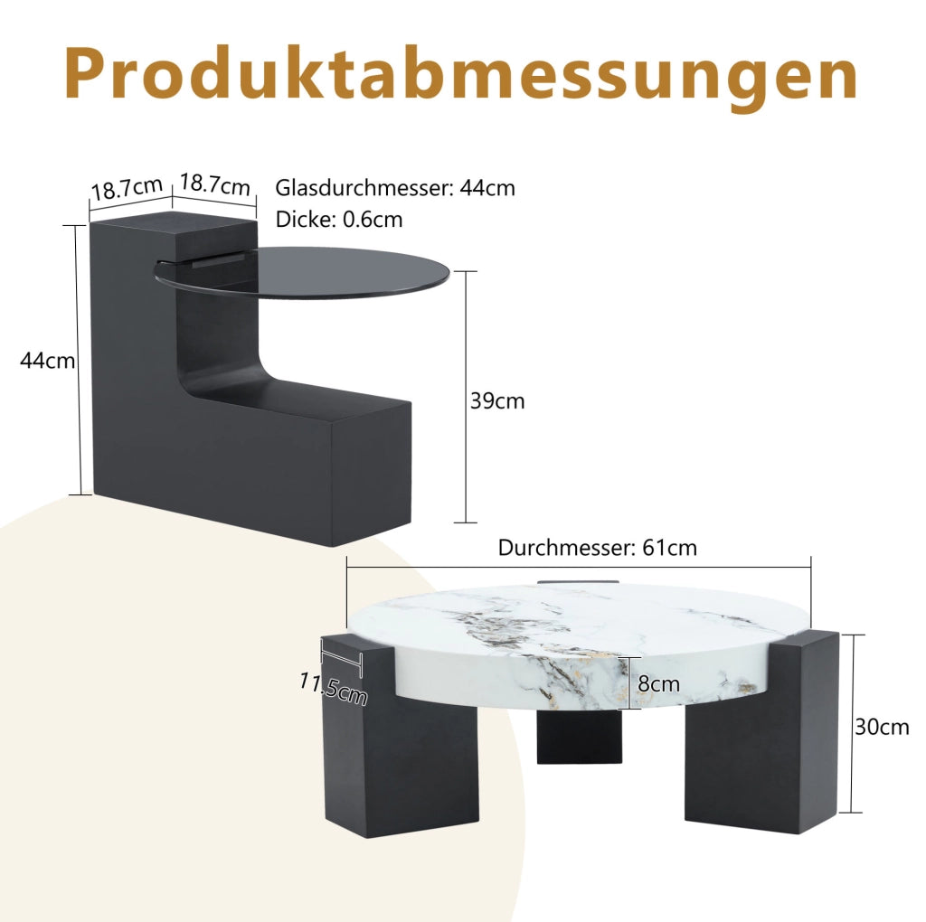 Set di 2 tavolini rotondi 61 e 44 cm in MDF e vetro bianco e nero