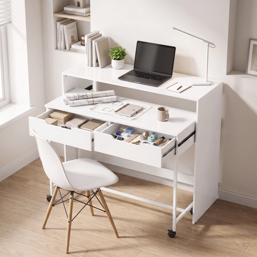 Scrivania computer estensibile con 2 cassetti, bianca, design moderno, salvaspazio, 100 cm, per casa e studio