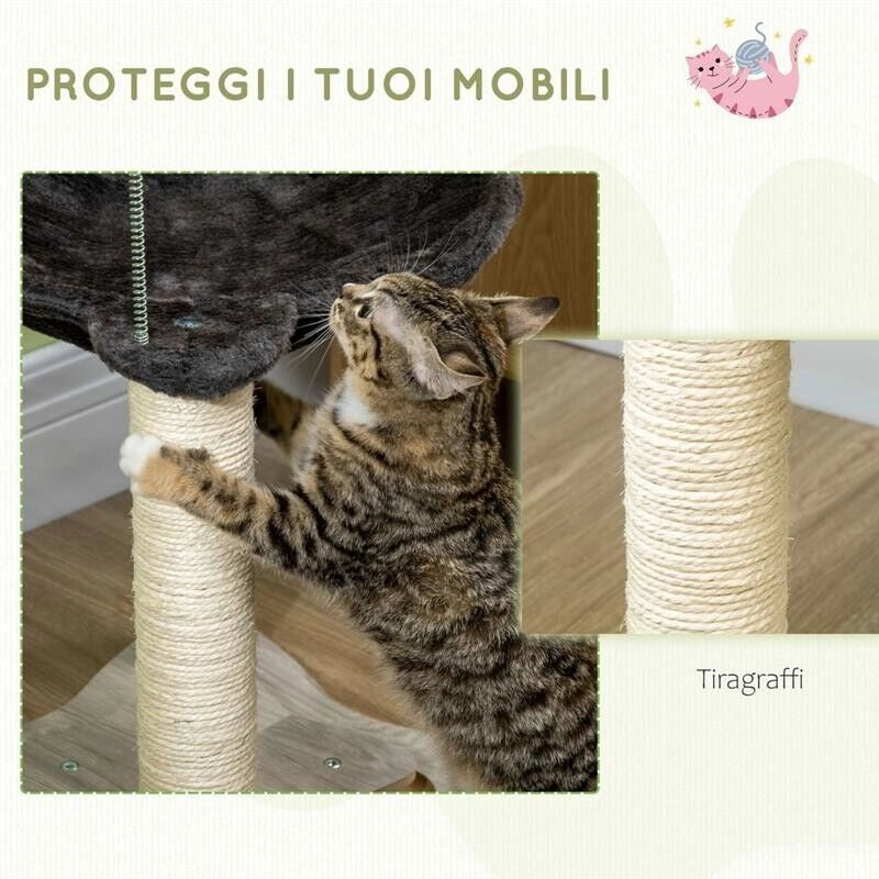 TIRAGRAFFI PER GATTI CON AMACA IN PELUCHE, BASE IN LEGNO CON GIOCO E PALI IN SISAL, 53.55X53.5X66CM, GRIGIO