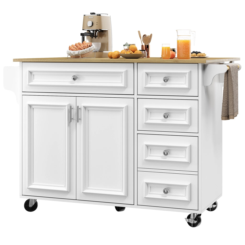 Isola da cucina 110x75x92 cm; con piano pieghevole; cassetti e ripiani; MDF bianco