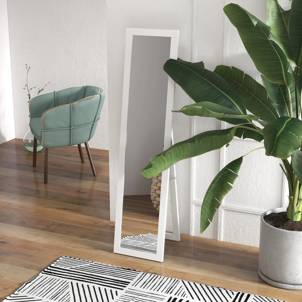 Specchio da Terra con Cornice in MDF con Piedini e Ganci, Specchio Moderno per Utilizzo a Parete, 37x40x155 cm, Bianco e Trasparente