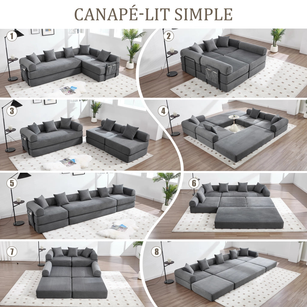 Canapé modulaire con funzione letto e tasca laterale per famiglia e ospiti in velluto a coste grigio scuro da salotto