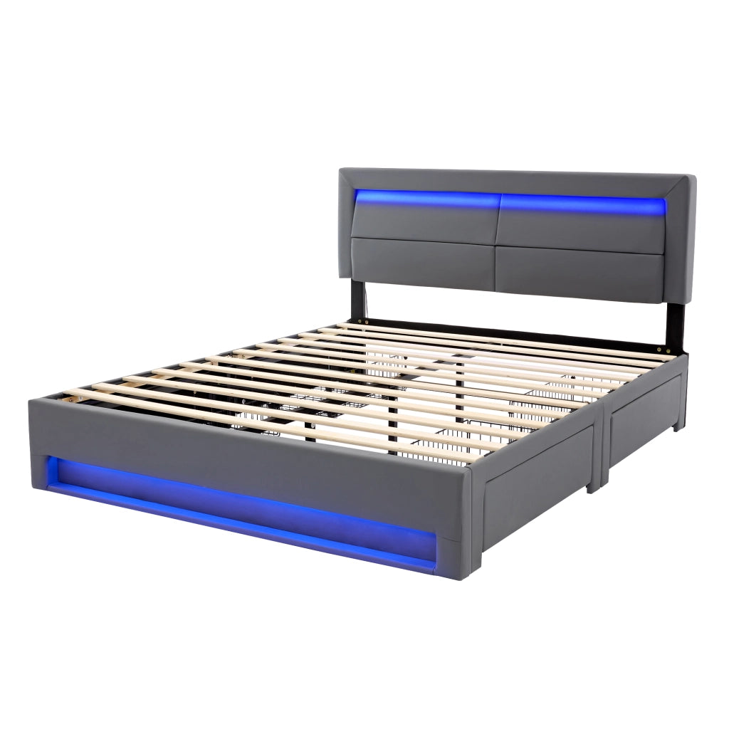 Letto imbottito 140 x 200 cm con USB, illuminazione LED e 4 cassetti, senza materasso, grigio