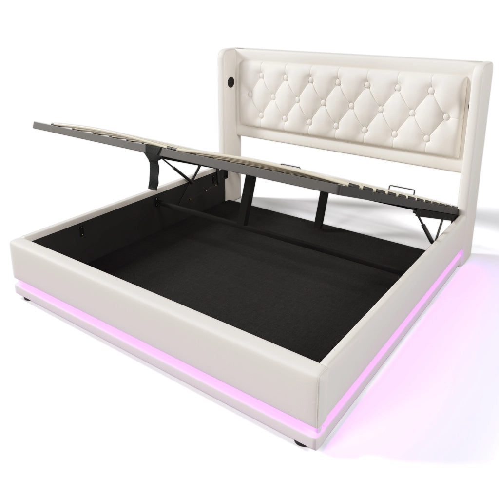 Letto matrimoniale contenitore 180x200 cm in PU bianco con testiera imbottita; USB Type-C e LED
