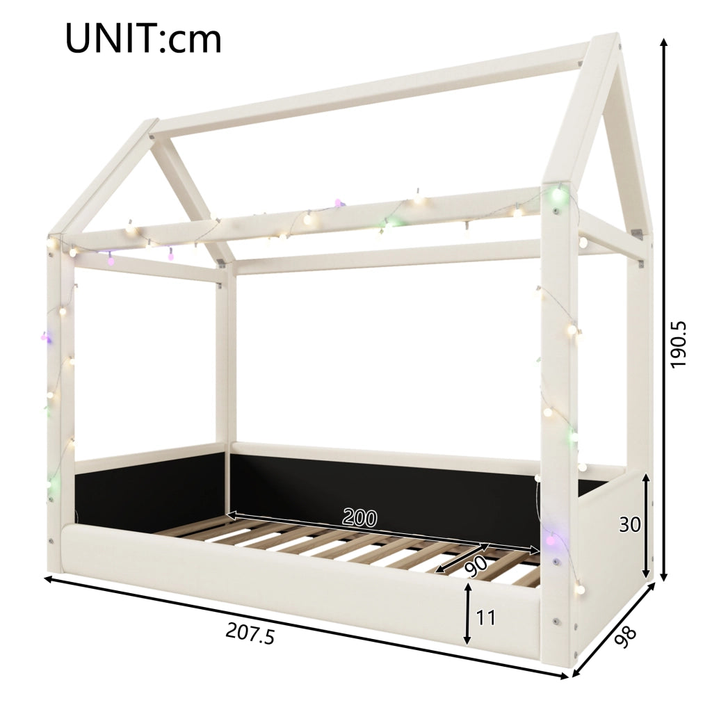 DESMIU Letto a casetta singolo con LED regolabile, 90 × 200 cm, senza materasso, in tessuto e MDF, beige