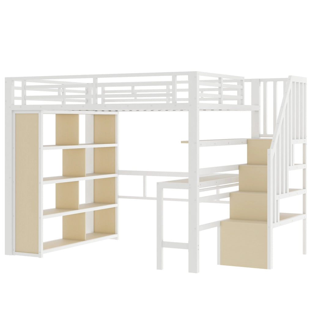 Letto a Soppalco con Scrivania e LED ¨C MINIMAL ¨C Bianco, 140x200, Metallo