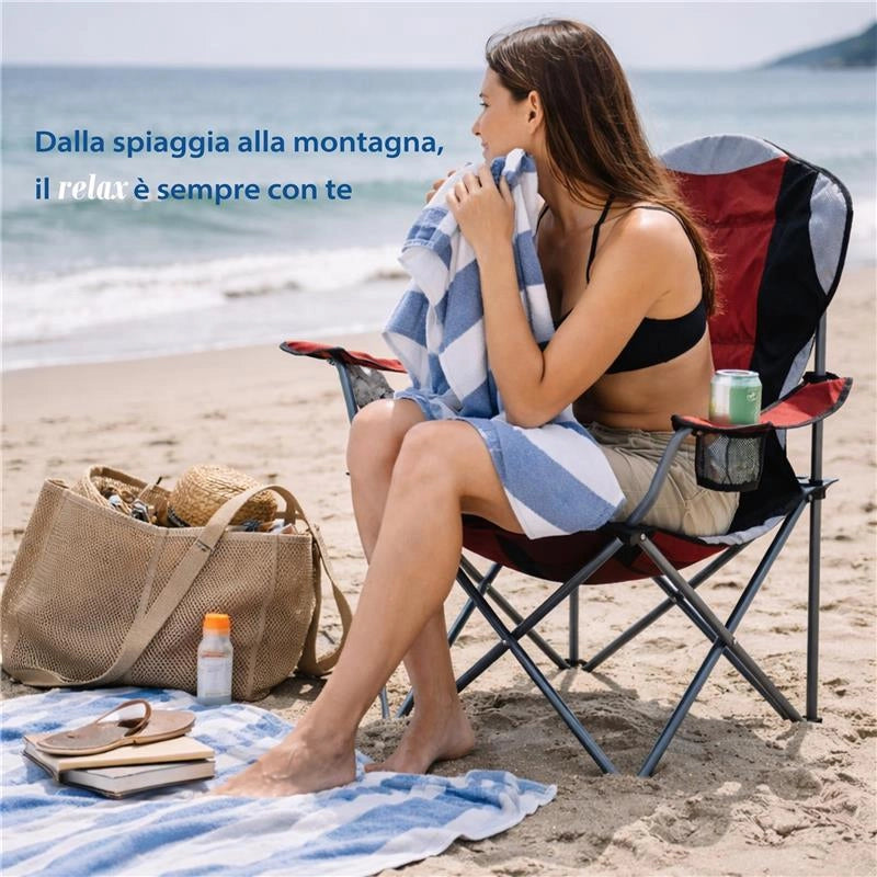 SEDIA DA CAMPING IN TESSUTO ROSSO CON CHIUSURA A FISARMONICA POGGIOLI E PORTA BEVANDE  60X90X105 CM