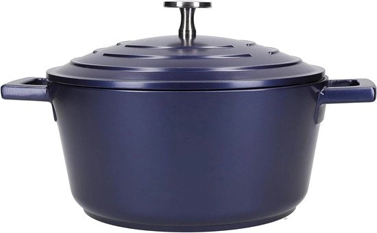 Padella Leggera con Coperchio di Stufato in Alluminio Fuso - Adatto per Piastra Induzione e Forno - Blu Metallizzato