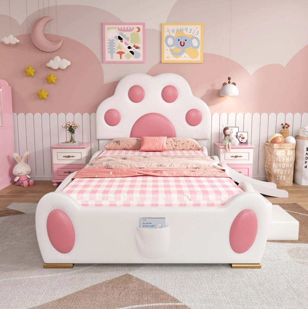 Letto singolo imbottito per bambini con scivolo e scala; 90x200 cm; PU rosa e bianco