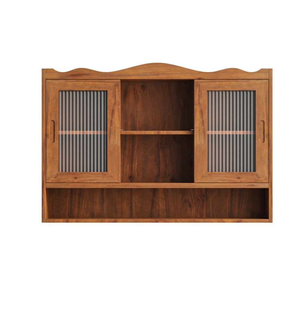 Mobile pensile retrò 90x20x60 cm in legno e vetro marrone per cucina