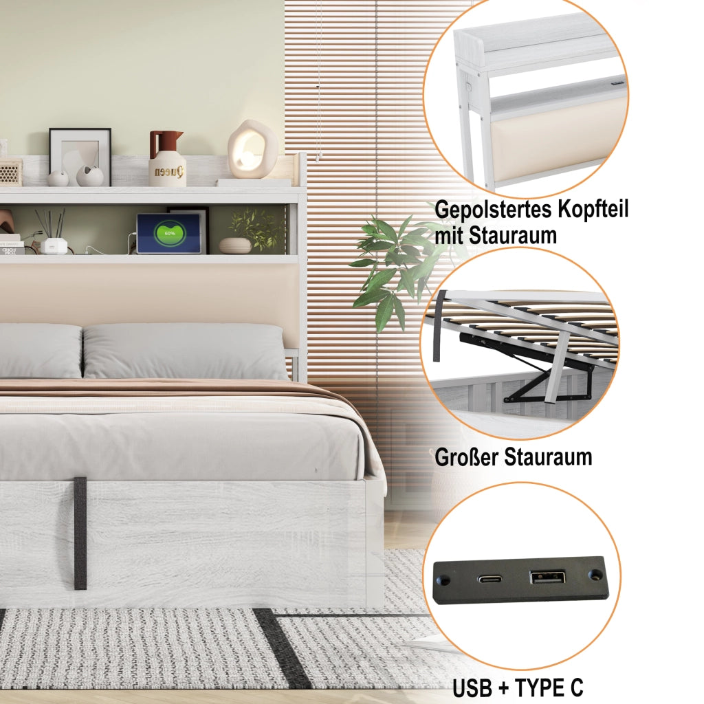 LETTO 90x200 cm con contenitore, USB, testiera imbottita, bianco