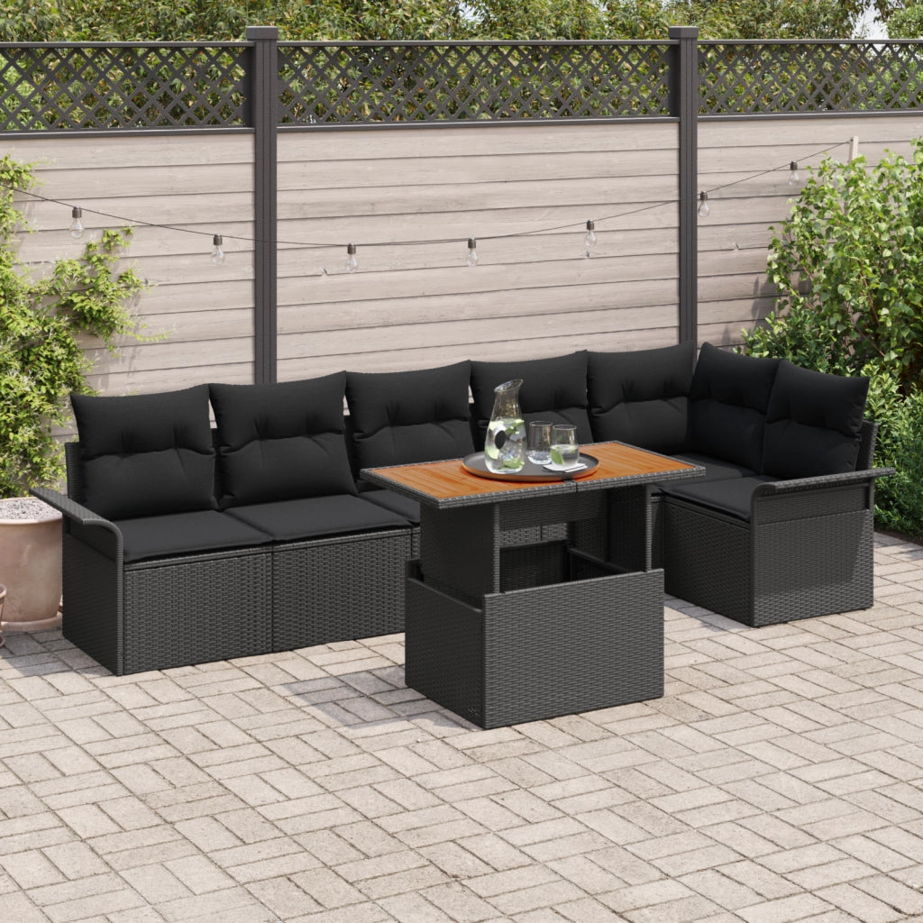 Set da Pranzo da Giardino 7 Pezzi con Cuscini Nero Rattan Polietilene Acacia