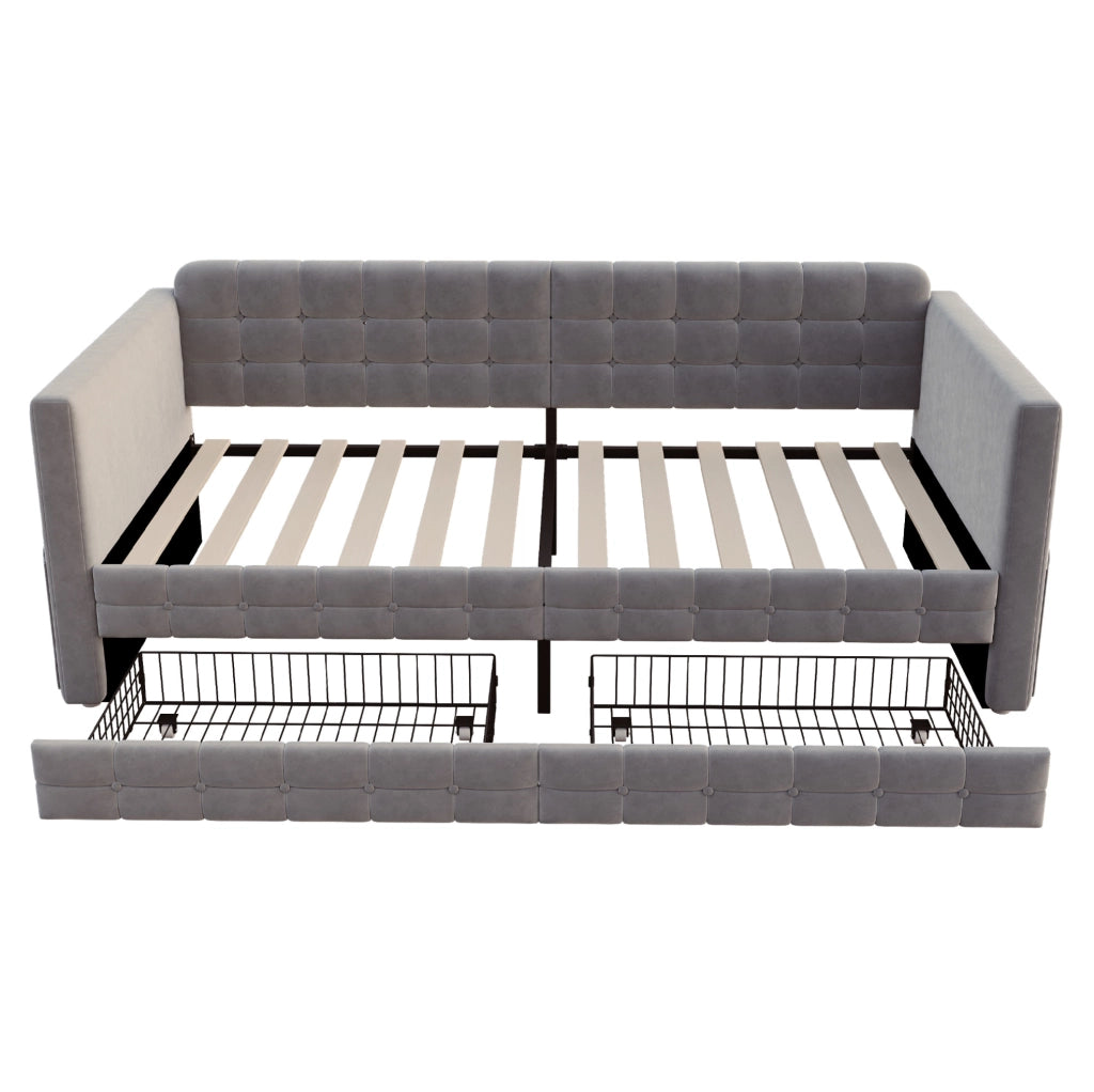 Letto singolo imbottito ULEVR 90x190 cm con 2 cassetti e tasche laterali, velluto grigio