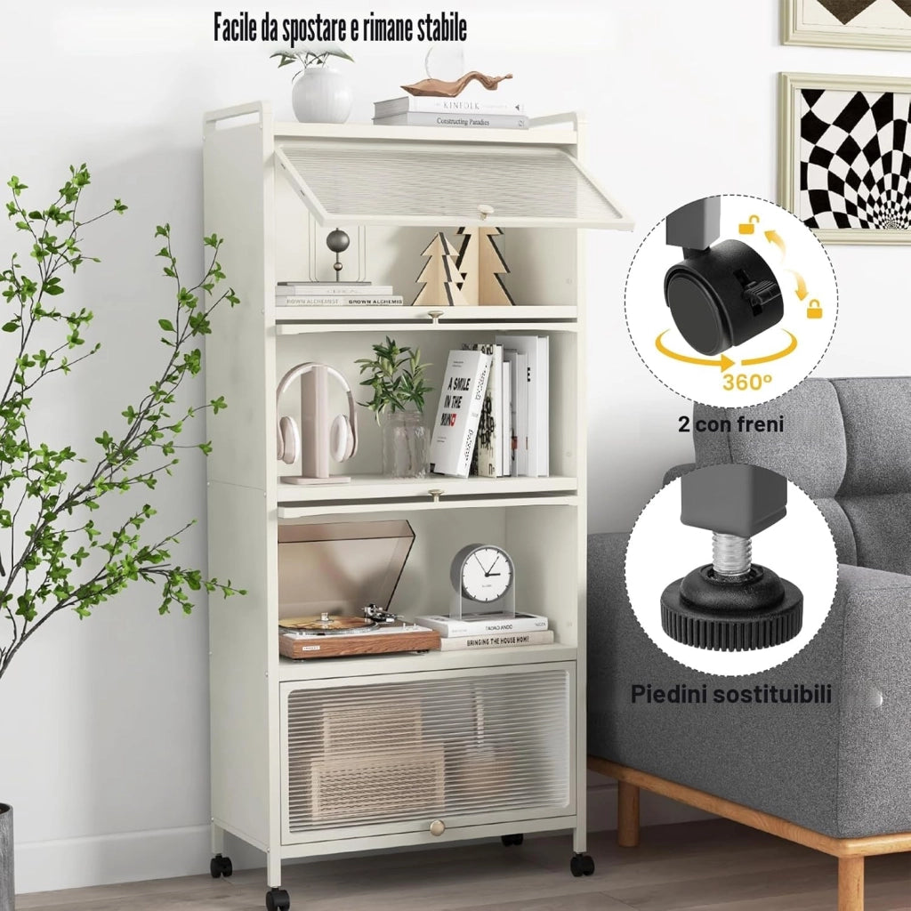 Mobile Dispensa Cucina a 5 Livelli, Mensola Microonde con Anta a Vista, Ruote, Dispositivo Antiribaltamento, Scaffale da Cucina in Ferro per Soggiorno, Sala da Pranzo, 60x32x154cm (Bianco)