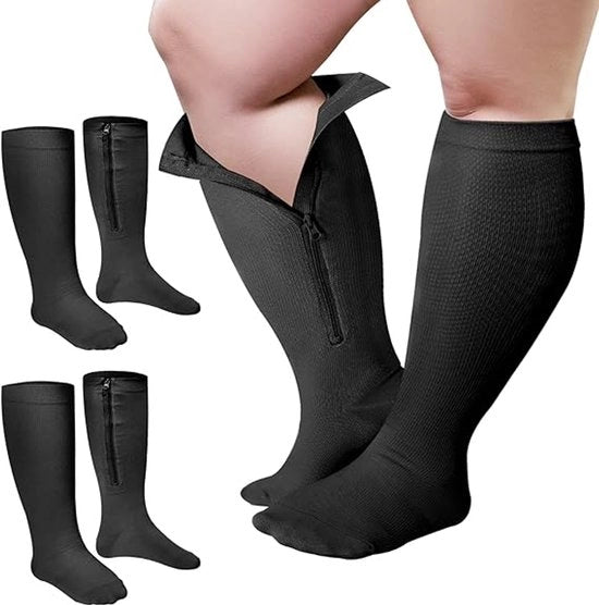 Due pair di compressi per gambe con cerniera in grandi dimensioni (15-25 mmHg) per donne e uomini obesi (XXL)