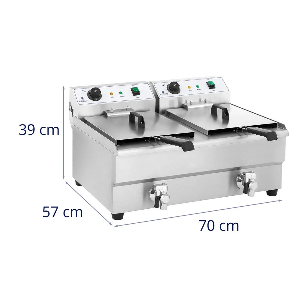 Friggitrice elettrica professionale doppia per ristoranti 2 x 3.200 watt 2 x 16 litri di capacità totale 2 x 12 litri di capacità dell'olio termostato 2 rubinetti acciaio inox 14_0003982