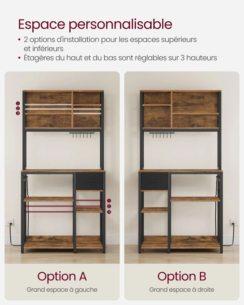 Mensola da cucina con multipresa bar con ripiani regolabili cassetto in tessuto 12 ganci 40 x 80 x 180 cm supporto per microonde marrone rustico e nero inchiostro 12_0005657