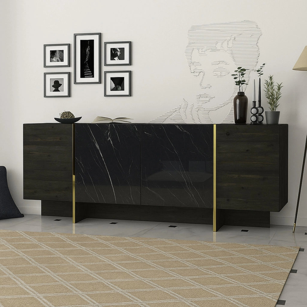 Credenza Asto, Buffet da soggiorno, Madia da salotto, Dispensa da cucina, 180x47h76 cm, Nero e Oro