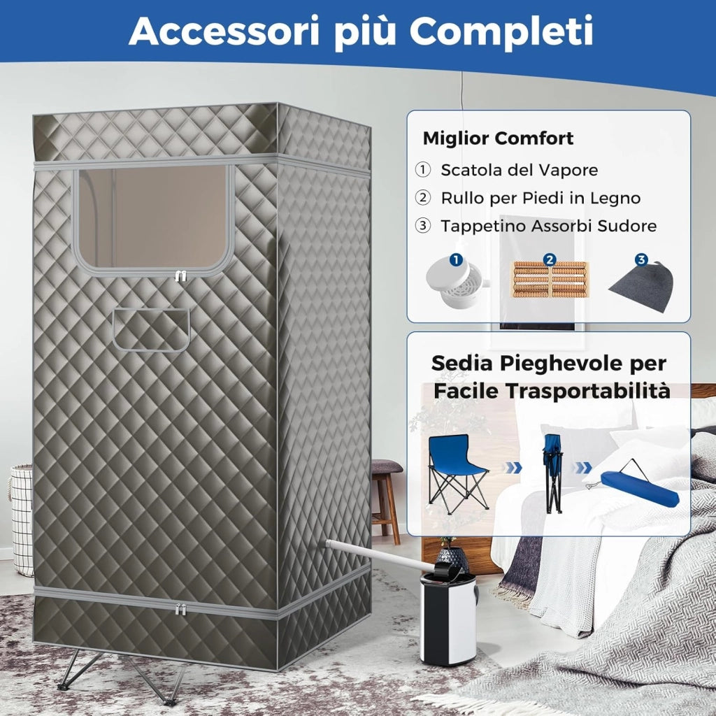 Sauna a Vapore Portatile 3L, Sauna da Casa con 9 Livelli di Regolazione della Temperatura da 35-63℃, Telecomando, Sedia Pieghevole e Massaggiatore per Piedi in Legno (Grigio)