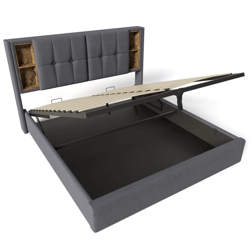 Letto matrimoniale imbottito 140x200 cm grigio con ricarica wireless; USB e vano contenitore