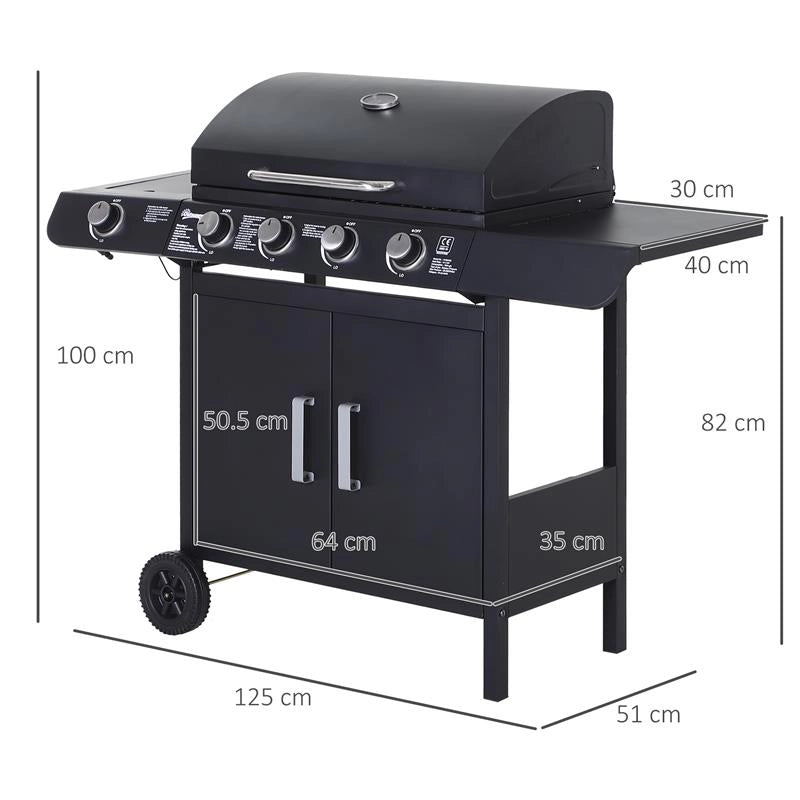 BARBECUE A GAS A 5 FORNELLI CON RIPIANI LATERALI E ARMADIETTO IN ACCIAIO E PP 125X51X100 CM NERO