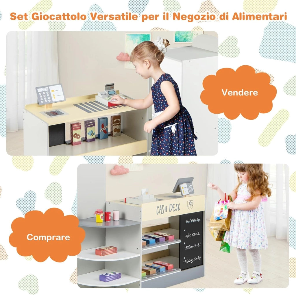 Negozio Alimentare per Bambini, Set di Giocattoli Supermercato in Legno con Cassa, Macchina POS, Distributore Automatico, Lavagna Scrivibile, per Bambini 3-8 Anni (Grigio)