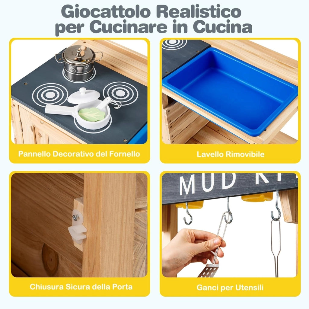 Cucina Giocattolo per Bambini, Cucina in Legno da Esterno con Lavello Removibile, Fornello, Pentole e Ripiani, Cucinetta Giocattolo Interattiva con Accessori per Bambini 3-8 Anni, Naturale